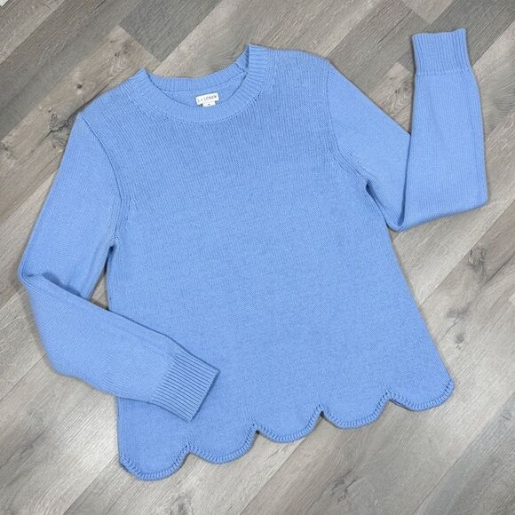 J. by J.Crew Scalloped Hem Crew Neck Sweater Blue Medium Cotton Preppy - Picture 12 of 12